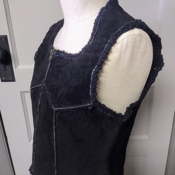 Dave J Genuine Leather Vest w/Sherpa Lining & Trim Black Zip Closure Womans XS - Picture 3 of 8